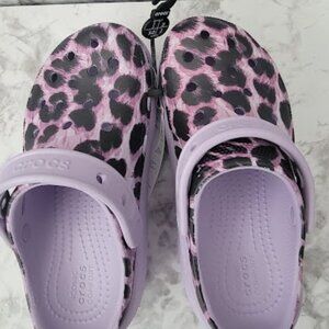 CROCS ANIMAL CUTIES Sz 3J Purple Leopard Cheetah Slingback Platform Clog Sandals